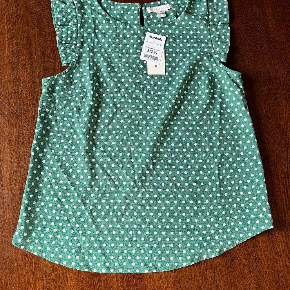 NWT Monteau Green Polka Dot Blouse